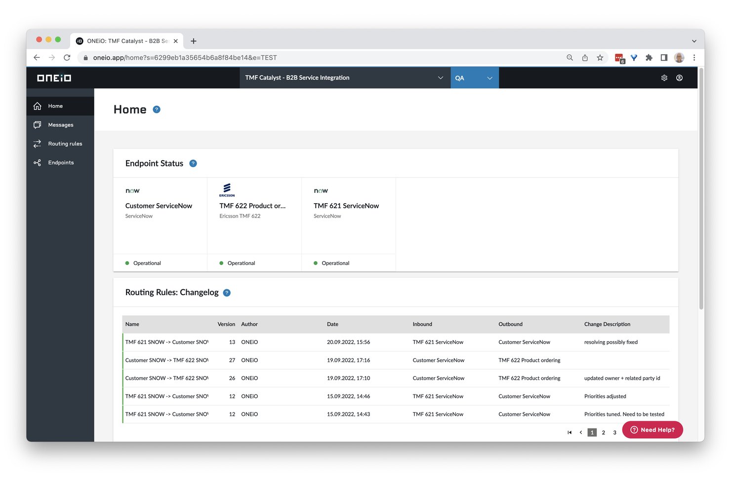 ONEiO dashboard showing endpoint status and routing rules changelog table.
