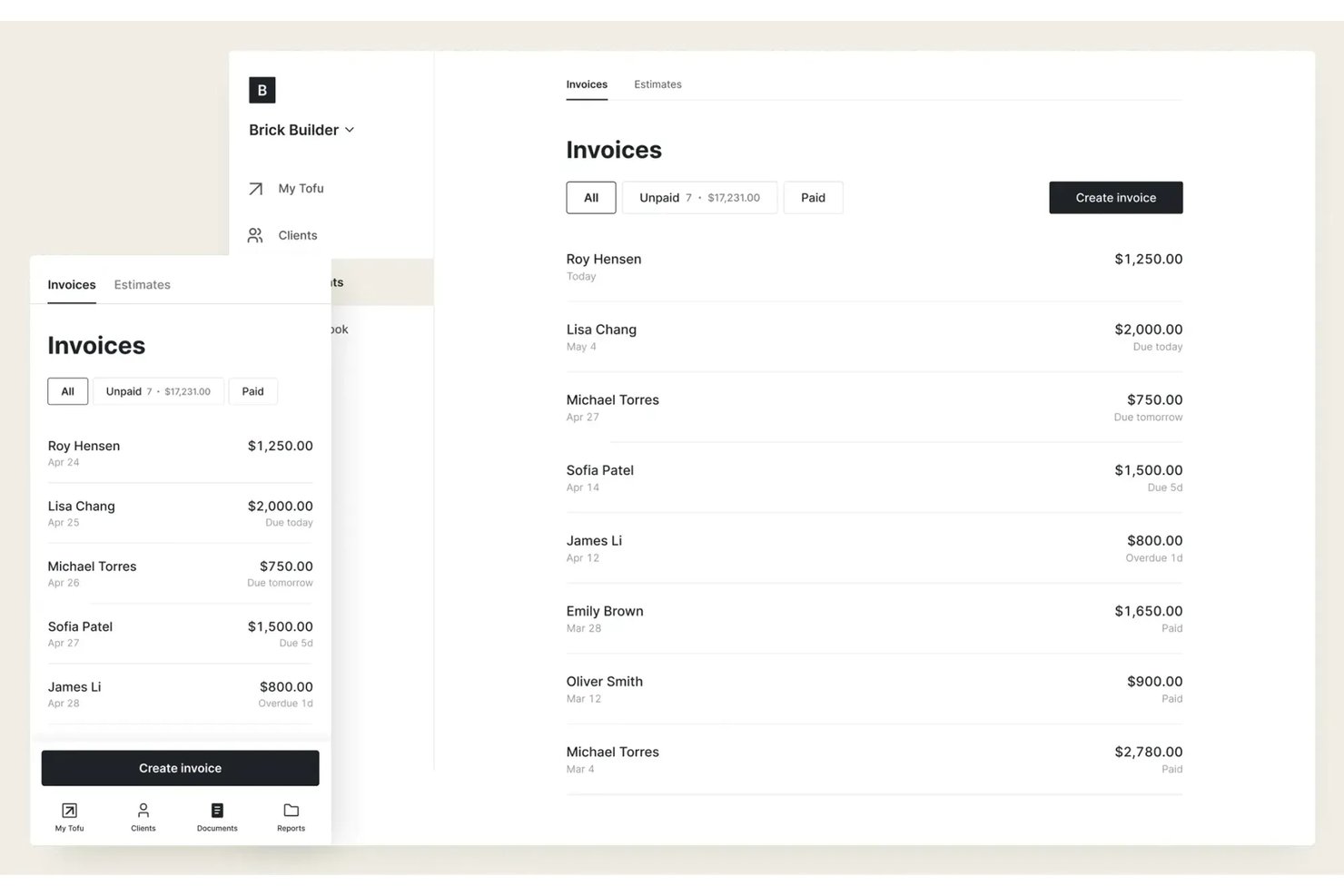 Tofu invoices dashboard showing unpaid and paid client invoices list.