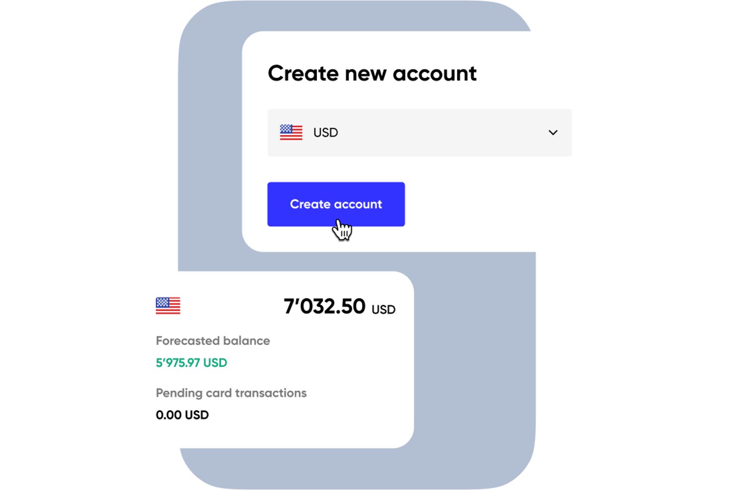 Amnis UI showing a create new account form with USD currency selector and account balance.