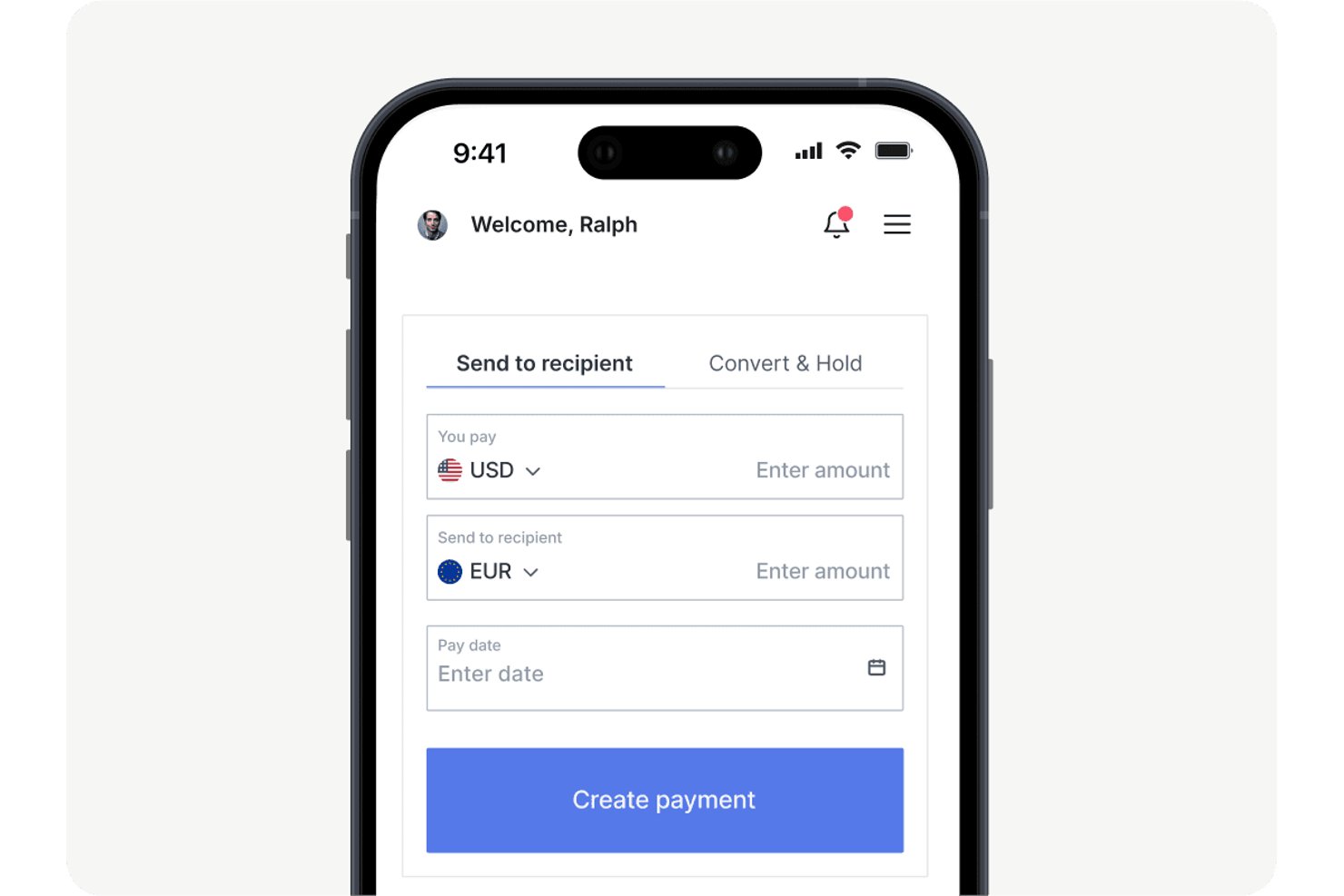 Mobiel appformulier om USD naar een EUR-ontvanger te versturen met een veld voor de betalingsdatum.