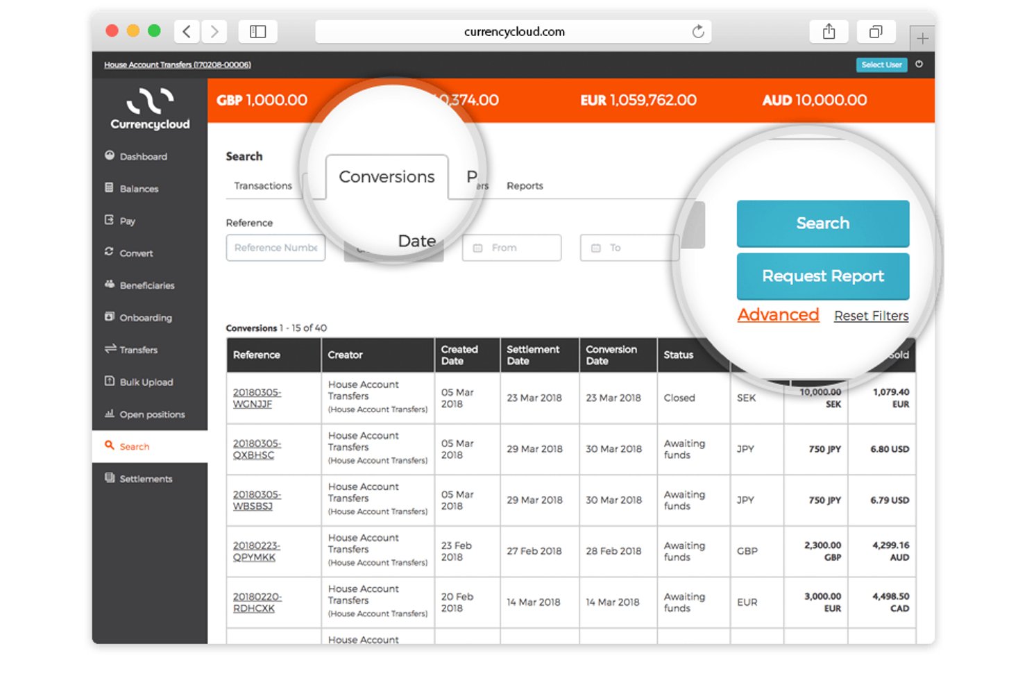 Currency Cloud-dashboard met een zoekfunctie voor conversies, filters en een resultatentabel.
