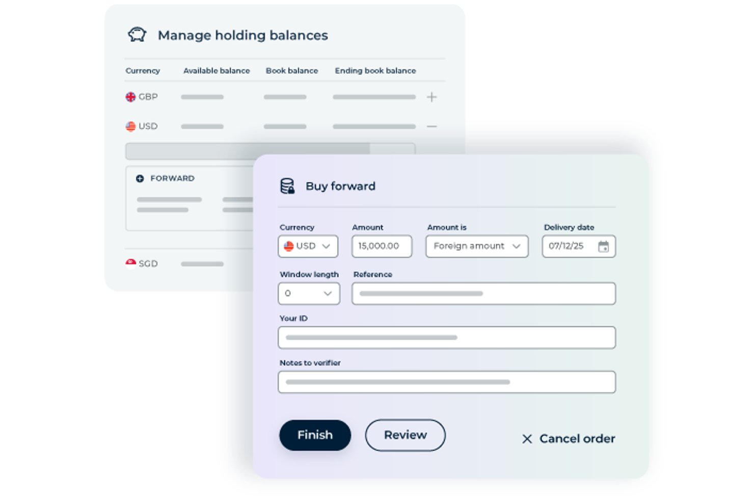 Convera Buy Forward modal with currency, amount, and delivery date fields.