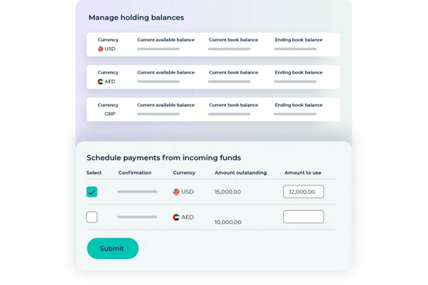 Interface met tegoeden in USD, AED en GBP en een formulier voor het plannen van betalingen.