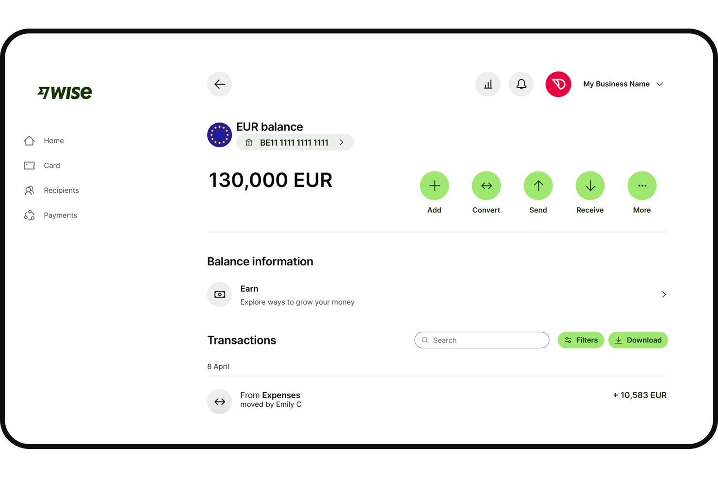 Scherm van Wise Business met een EUR-saldo van 130,000 EUR en transactiegeschiedenis.