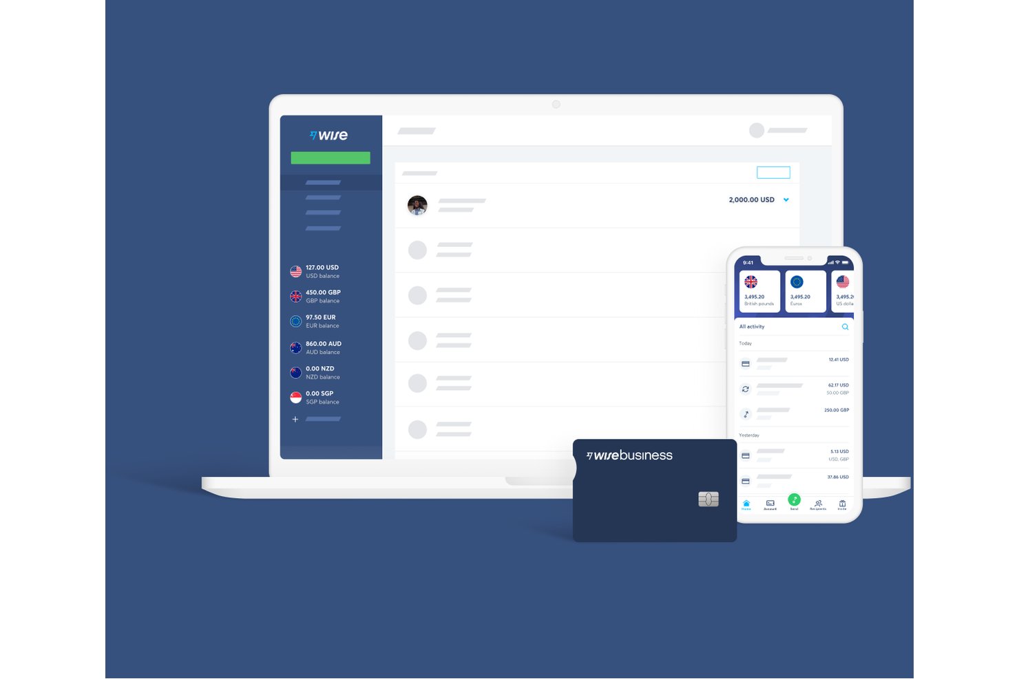 Wise Business dashboard showing multi-currency balances on laptop, mobile app, and debit card.
