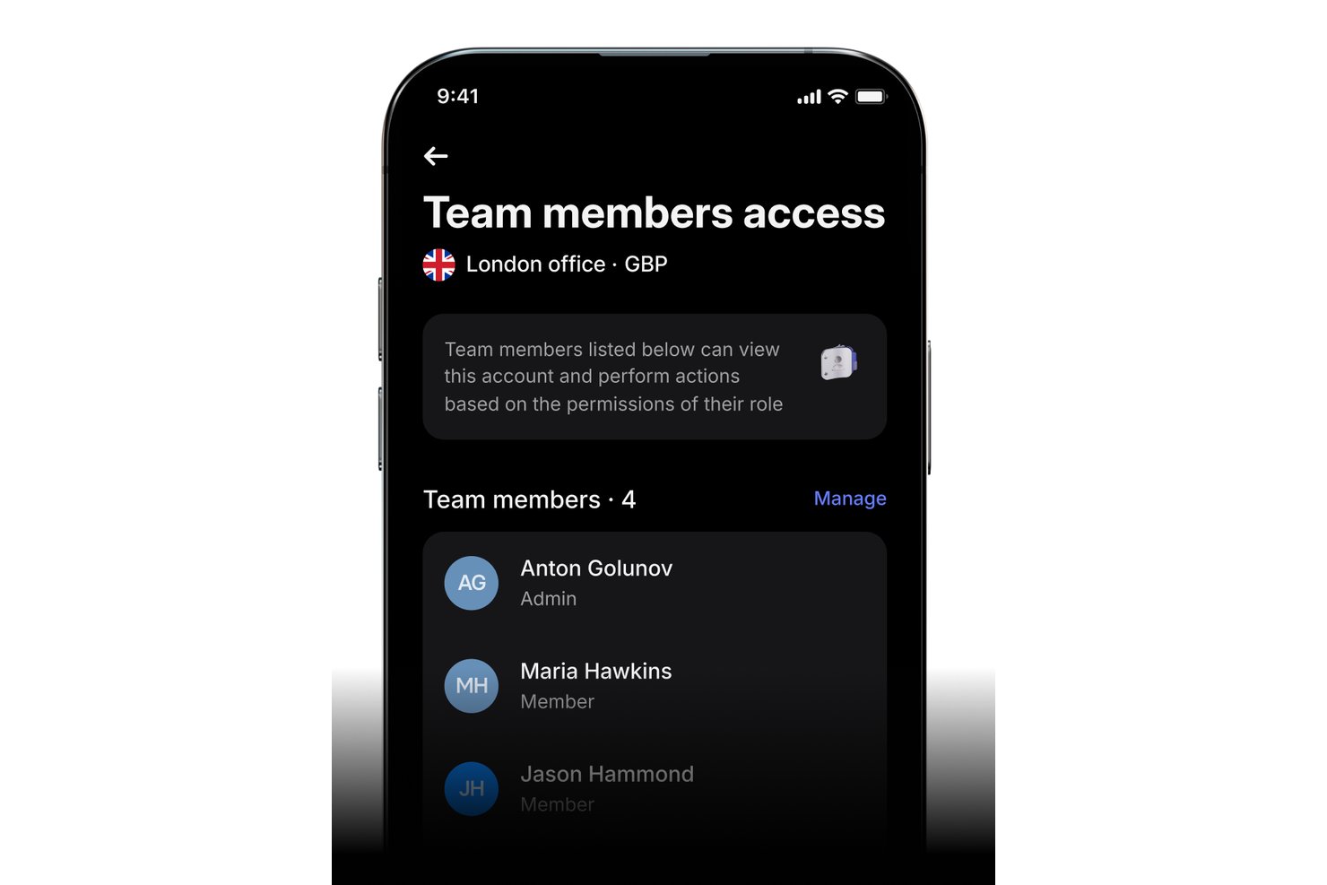 Revolut Business app showing team members access screen for London GBP account.