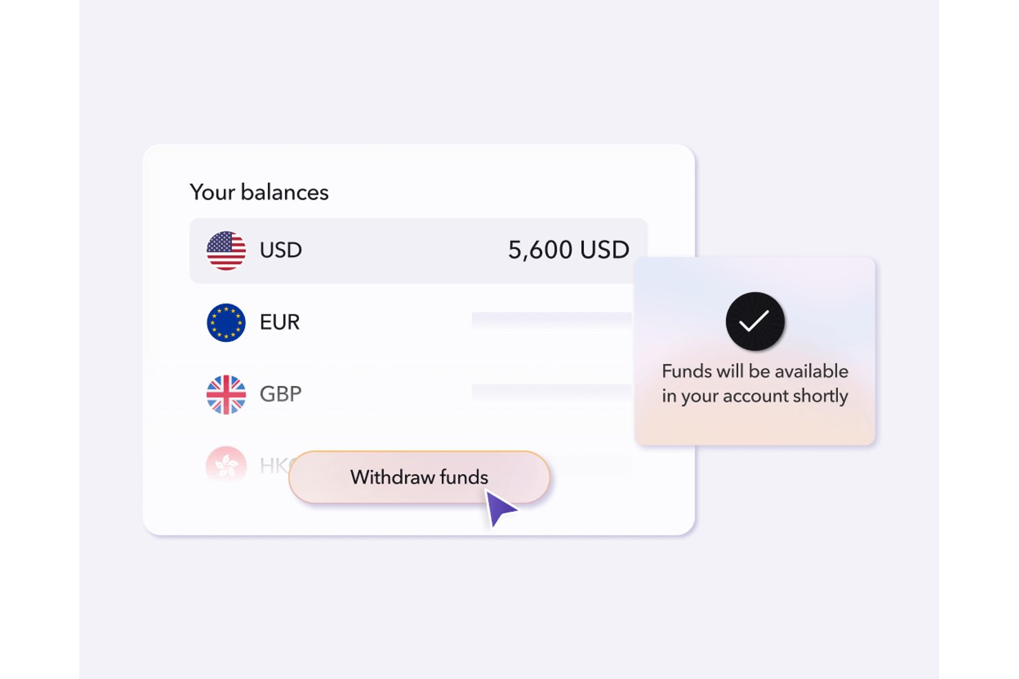 Payoneer-dashboard met saldi in USD-, EUR- en GBP-rekeningen en een knop om geld op te nemen.