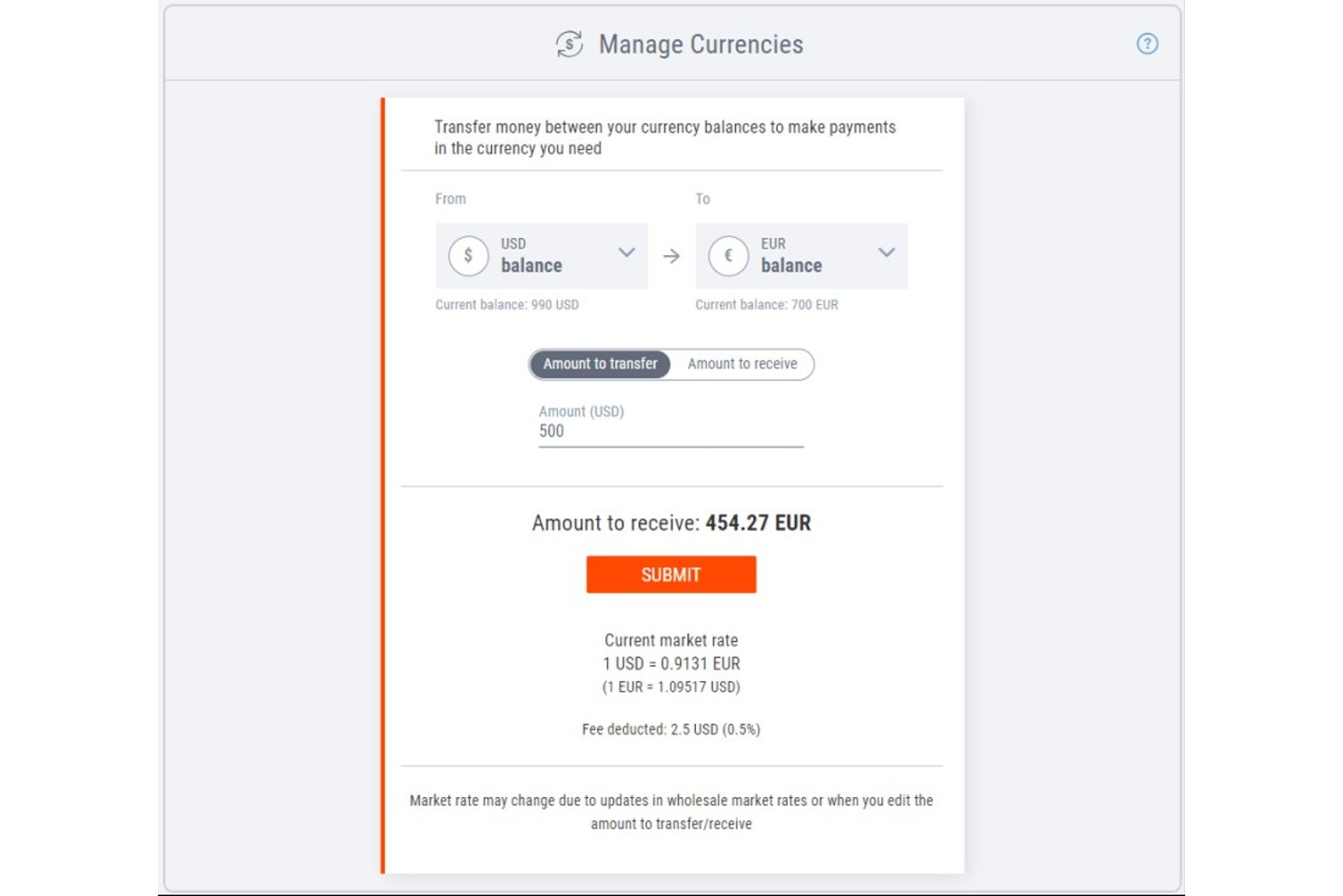 Payoneer currency transfer form converting 500 USD to 454.27 EUR at market rate.