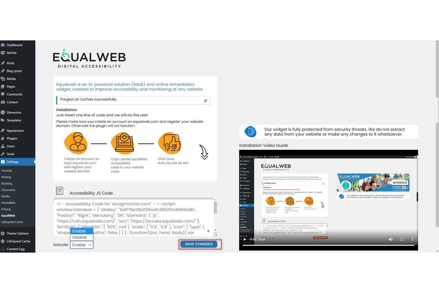 Pagina delle impostazioni del plugin WordPress Equal Web che mostra il codice JavaScript per l'accessibilità e l'opzione di attivazione.