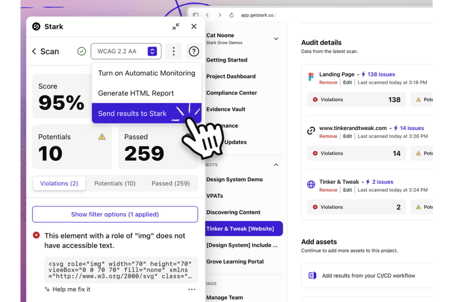 L'estensione del browser Stark mostra un punteggio di accessibilità del 95% con l'opzione di inviare i risultati al pannello di controllo di Stark.