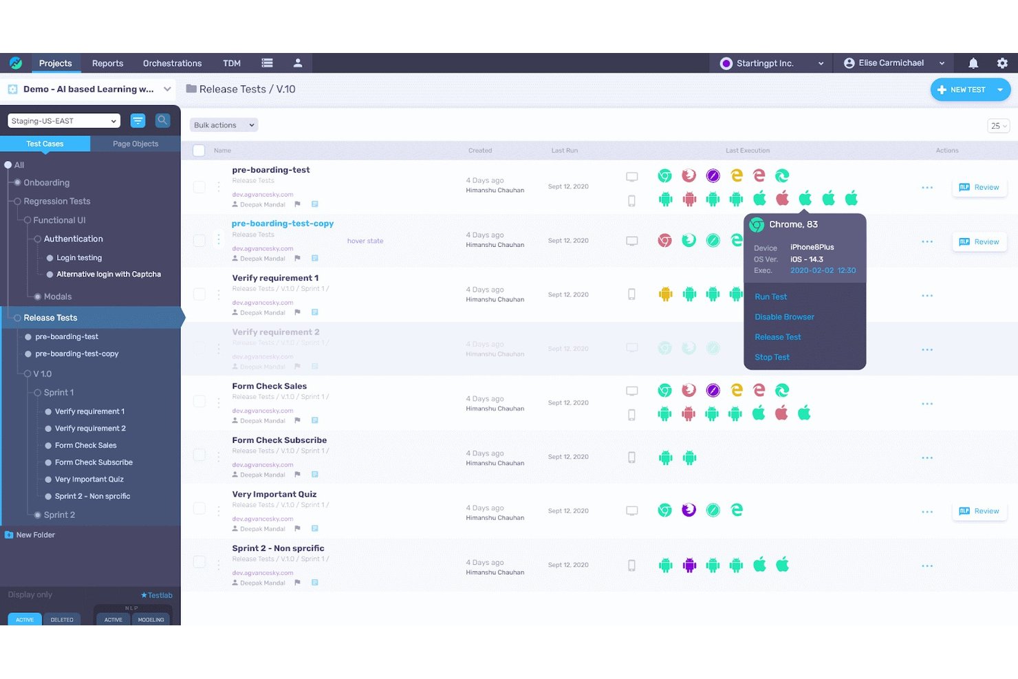 Dashboard voor testgevallen van Functionize met uitvoeringsresultaten voor browsers en apparaten en tooltips.