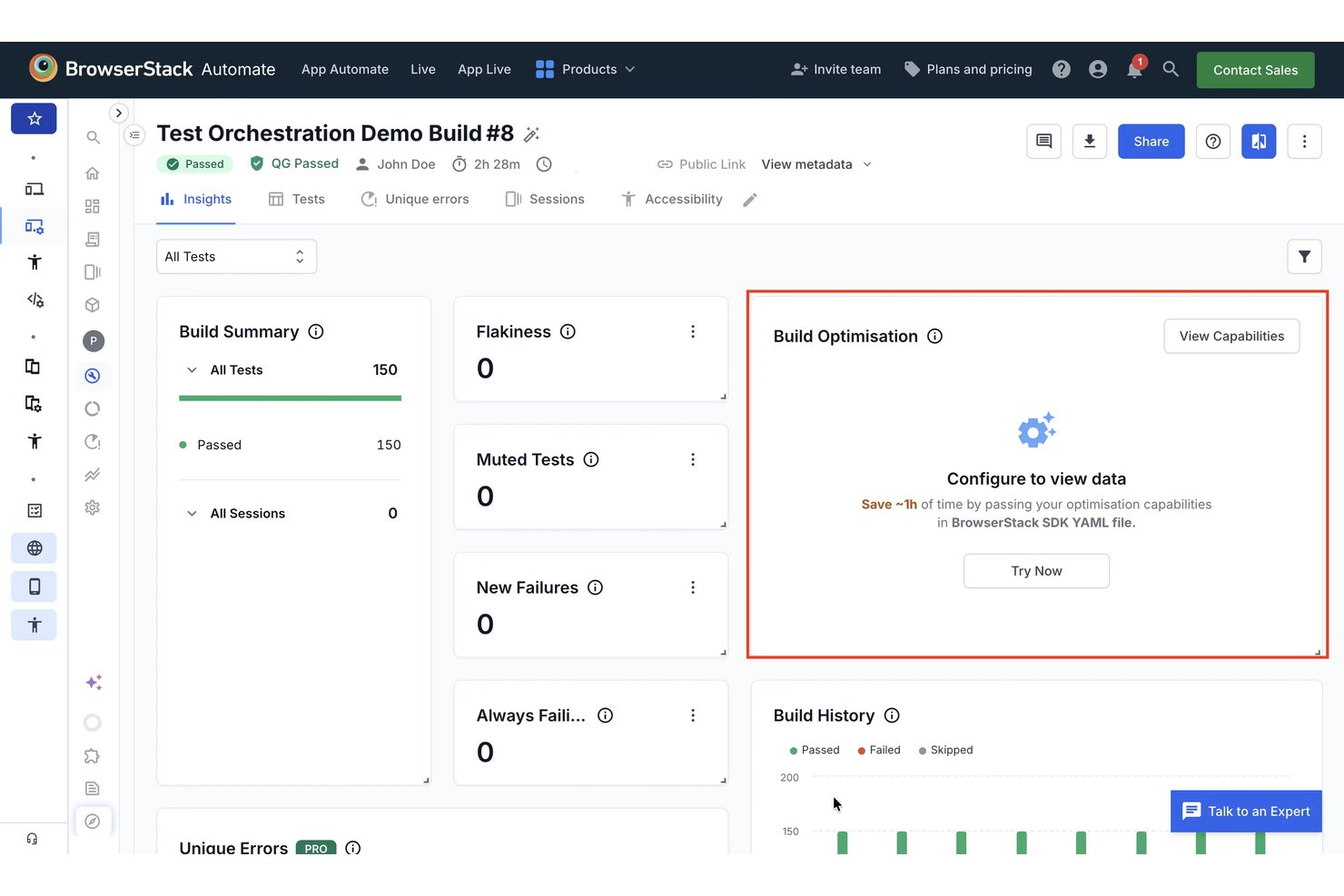 Dashboard met inzichten in BrowserStack Automate-buildprocessen, met de widget Buildoptimalisatie en een configuratieprompt.