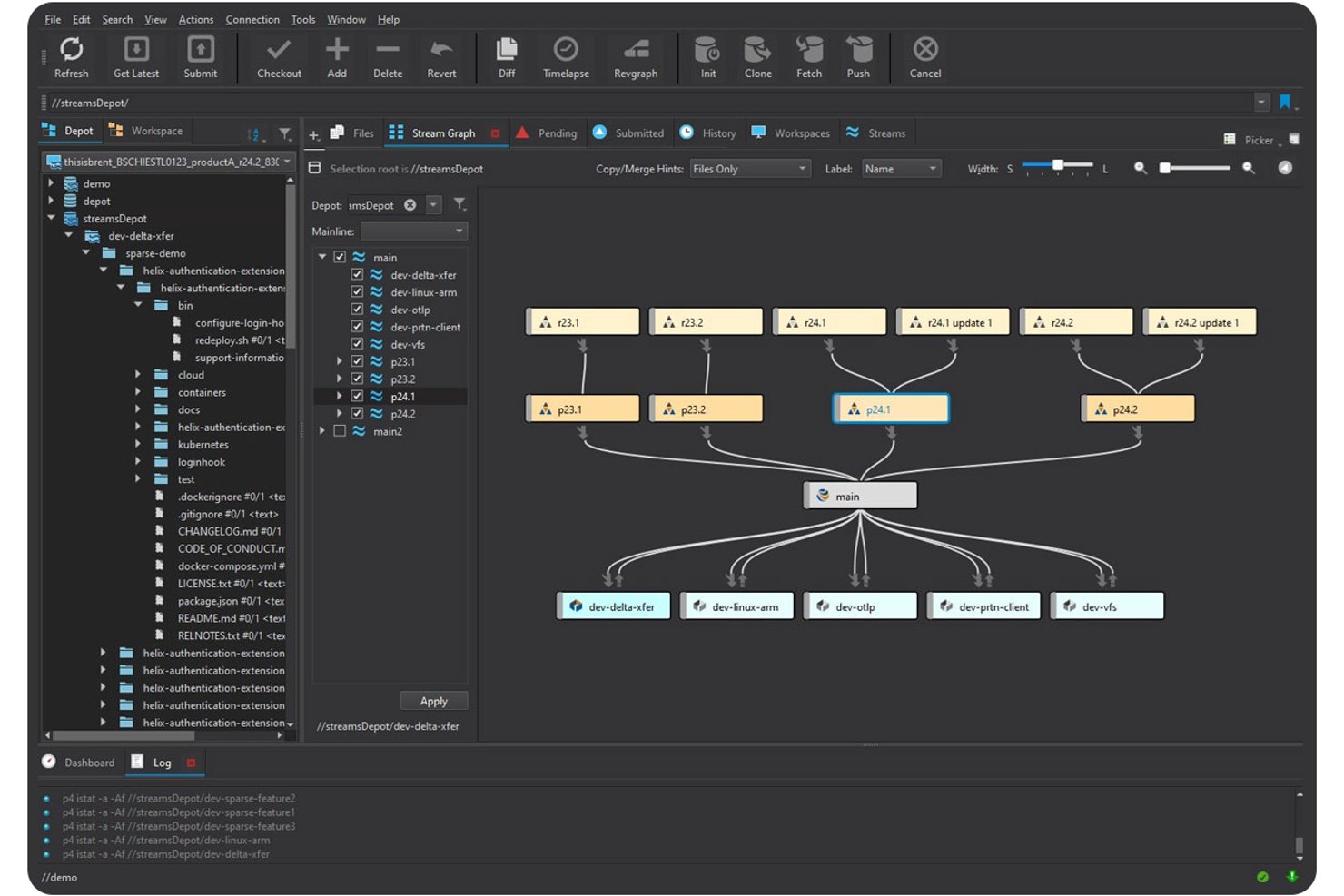 Perforce P4V in donkere modus, met een streamgrafiek met een vertakkende versiebeheerstructuur.