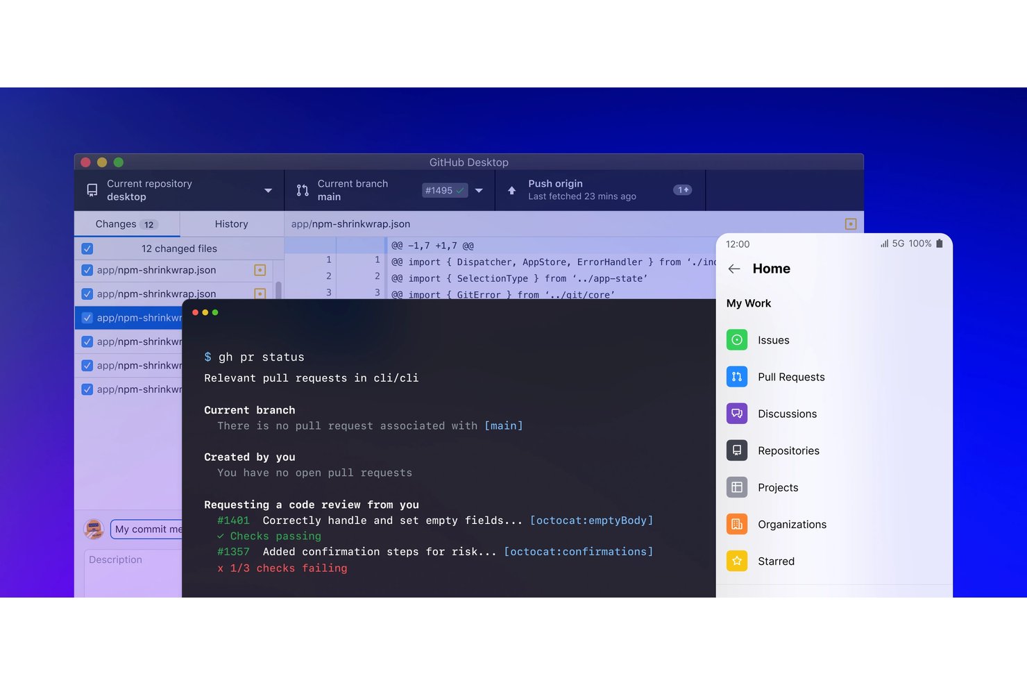 GitHub Desktop, een CLI-terminal die de PR-status toont en het startscherm van de mobiele app.