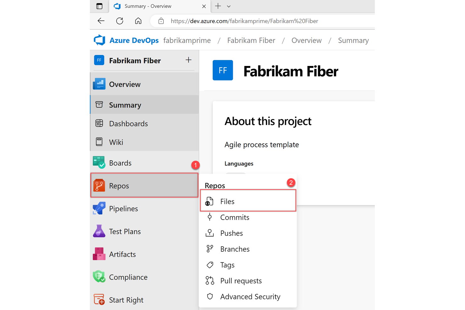 Azure DevOps-zijbalk met het menu Repos uitgevouwen en de optie Bestanden gemarkeerd.