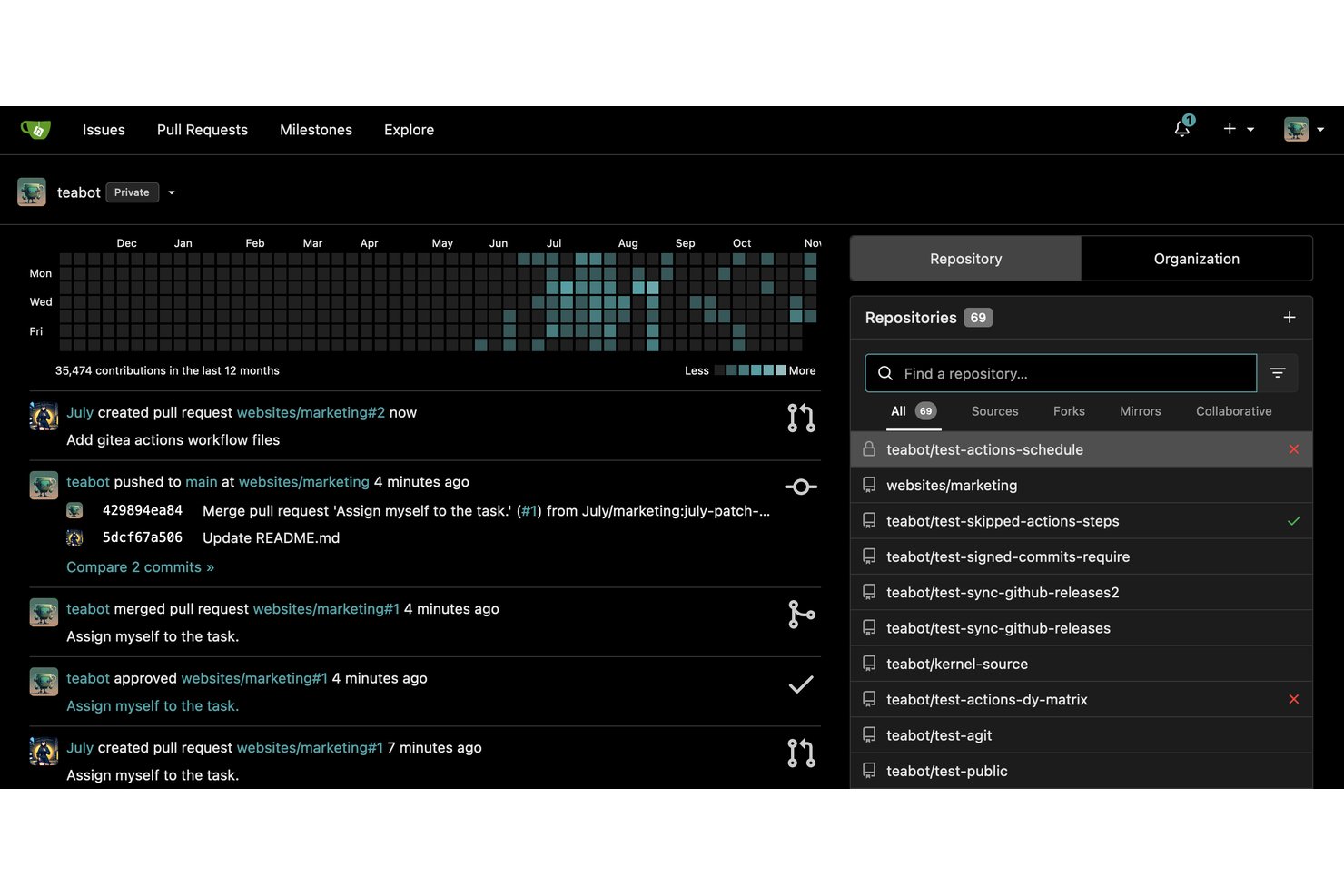 Gitea-Dashboard mit Beitragsdiagramm, Aktivitäts-Feed und einer Liste mit 69 Repositorys.