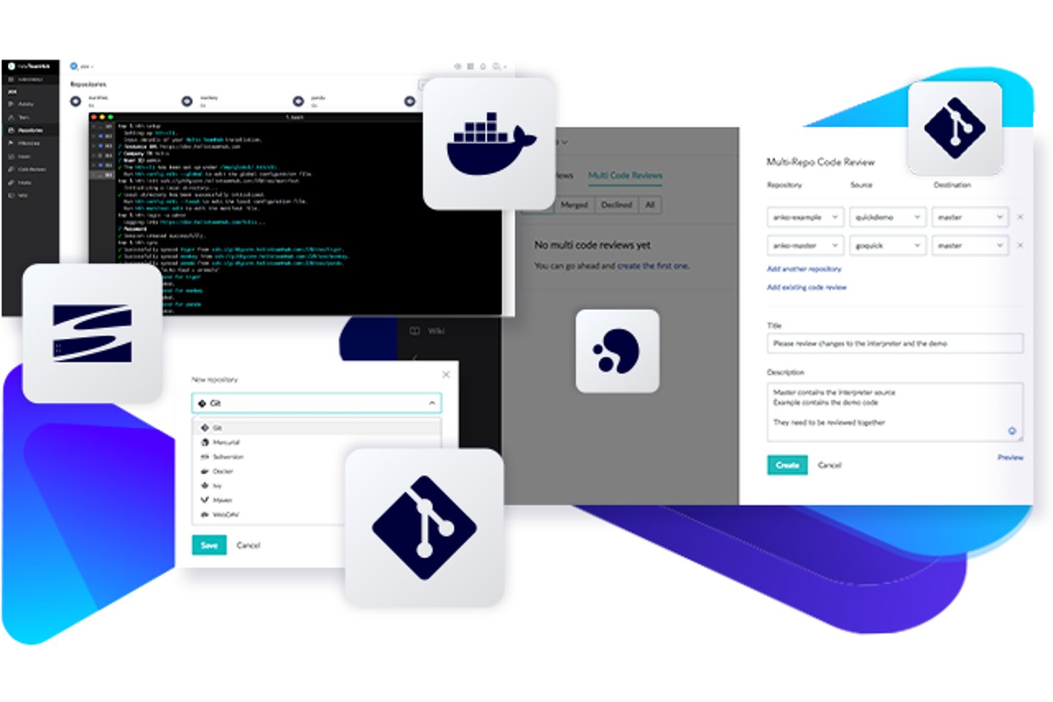 Helix TeamHub-interface met panelen voor repository-instellingen, terminal, Docker en codebeoordeling in meerdere repositories.