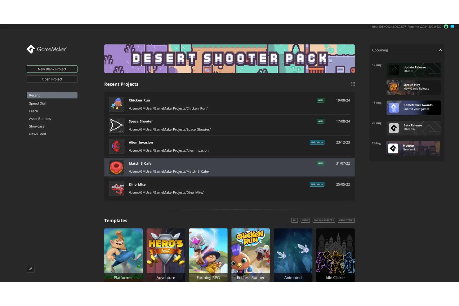 Schermata iniziale dell'IDE di GameMaker con l'elenco dei progetti recenti e i modelli di gioco.
