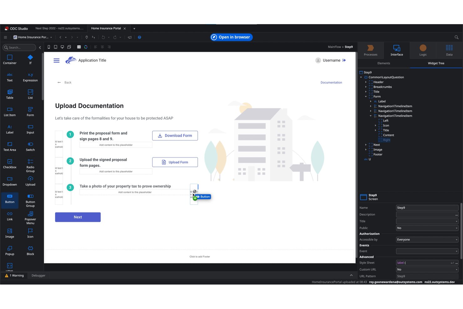 OutSystems ODC Studio visar en skärm för uppladdning av dokument till hemförsäkring med formulärsteg.
