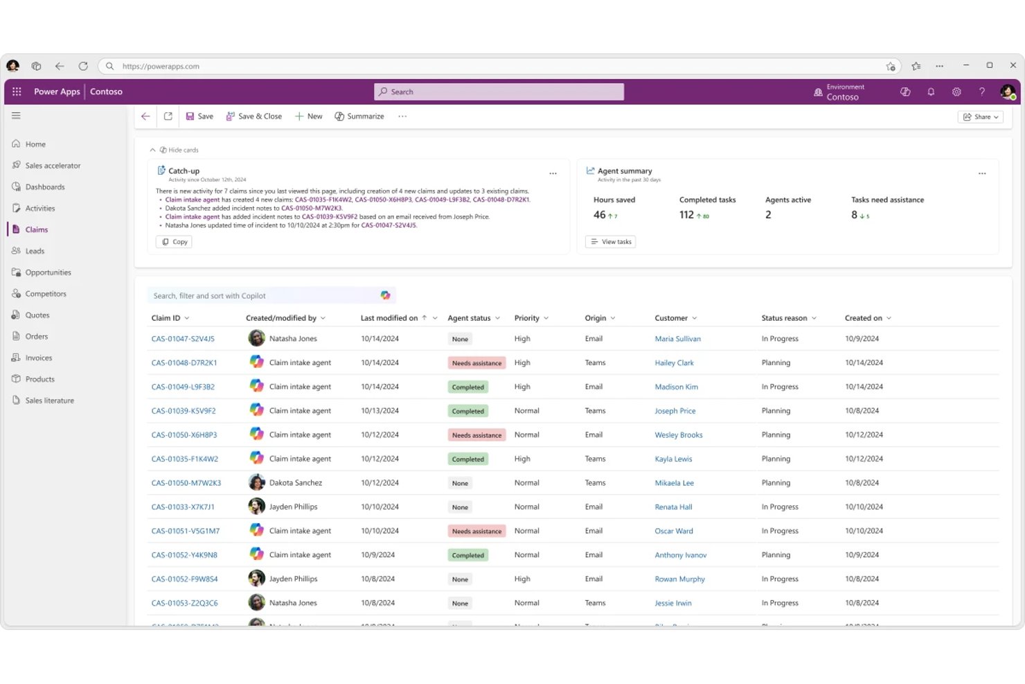 Microsoft Power Apps-lista över ärenden med AI-agentstatus, panel för att komma ikapp och sammanfattande mätvärden.
