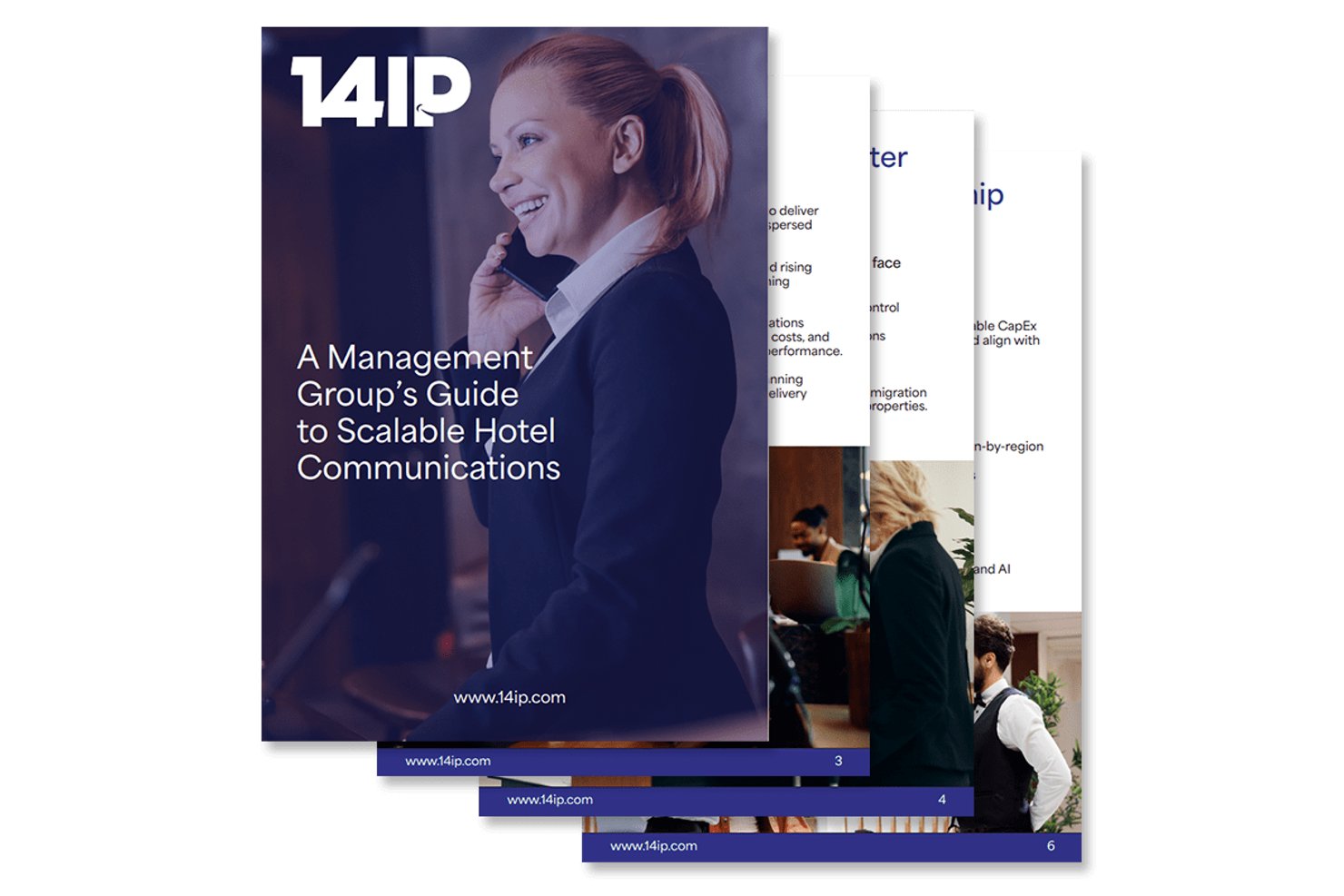 Omslag van het Fourteen IP-boekje met de titel Een gids voor managementgroepen voor schaalbare hotelcommunicatie.