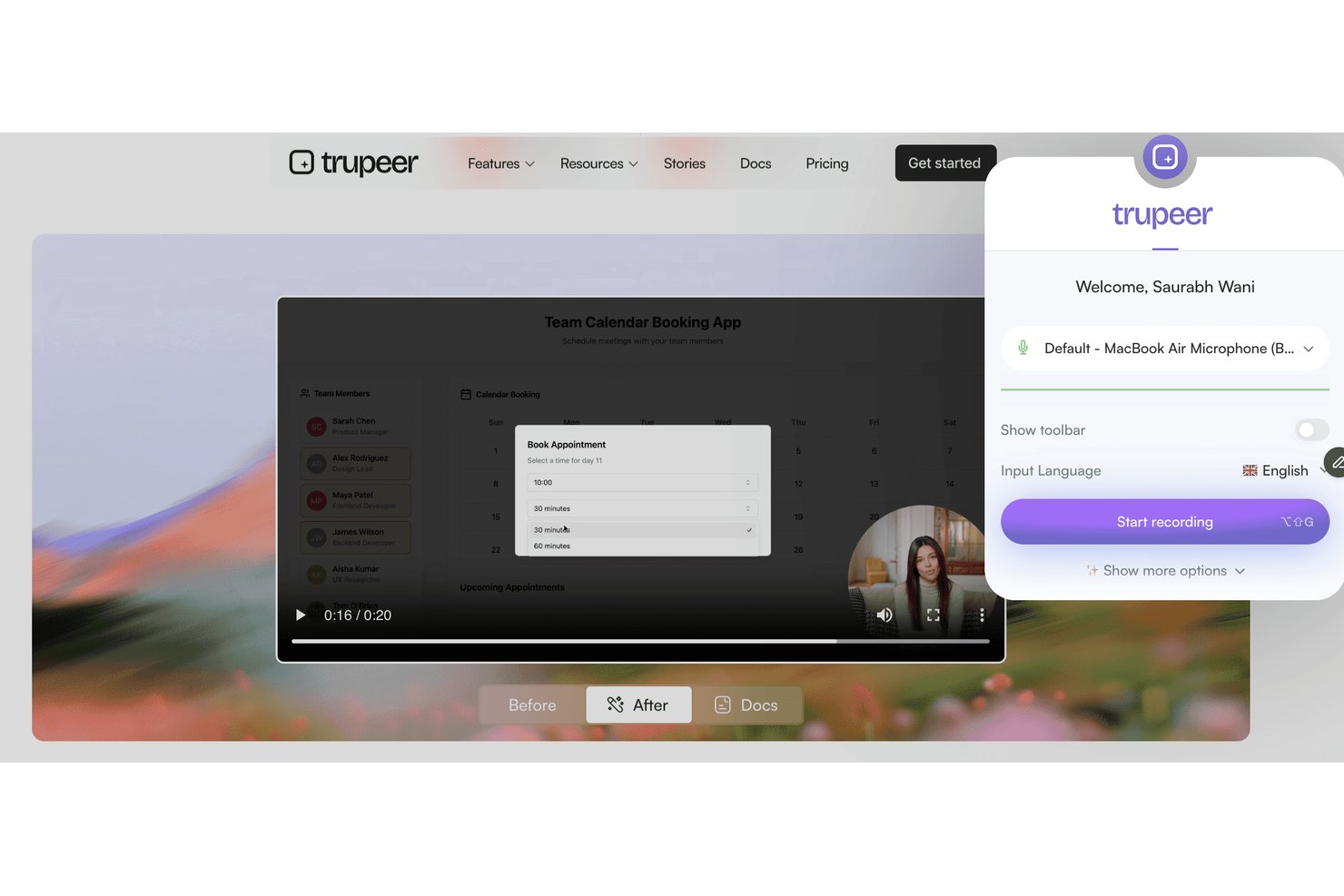 Trupeer browser extension panel showing recording controls and microphone settings.