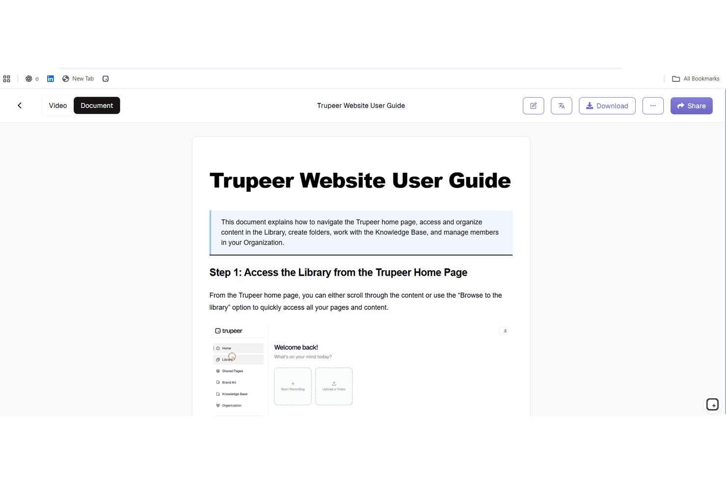 Trupeer Website User Guide document with step-by-step navigation instructions.