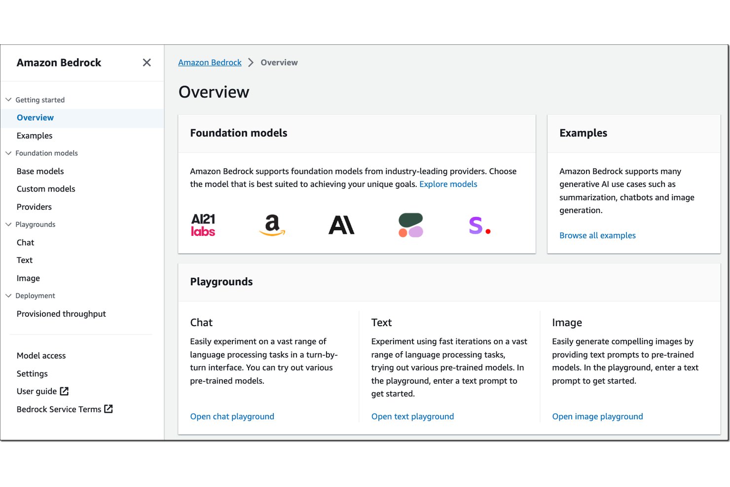 Amazon Bedrock overview page showing foundation models and three playground options.