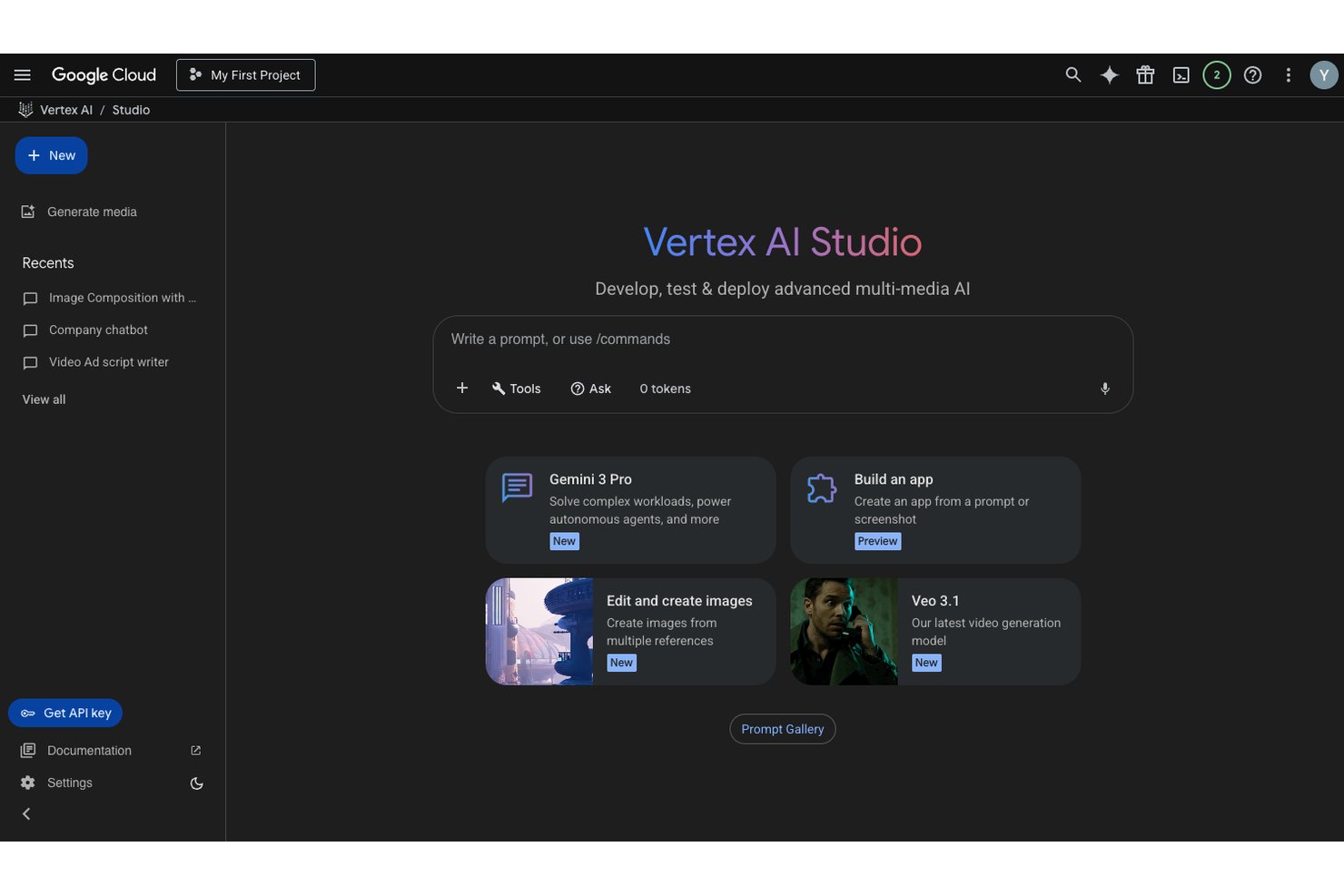 Vertex AI Studio dashboard showing prompt input, Gemini 3 Pro, and media generation tools.