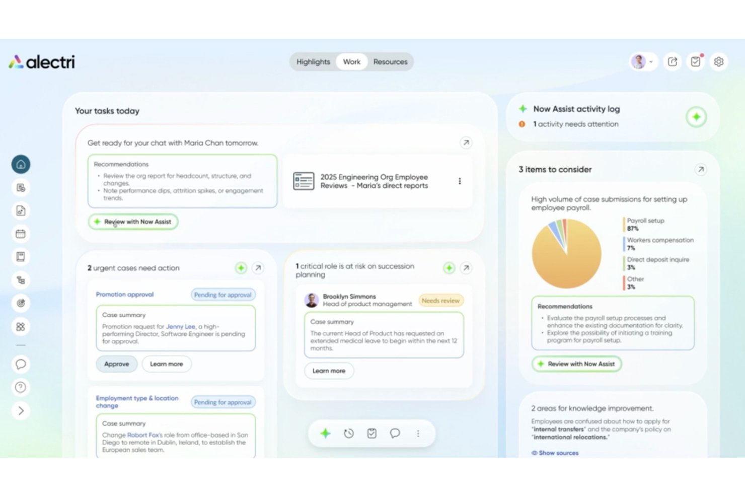 ServiceNow HR-instrumentpanel som visar uppgifter, brådskande ärenden och AI-drivna rekommendationer.