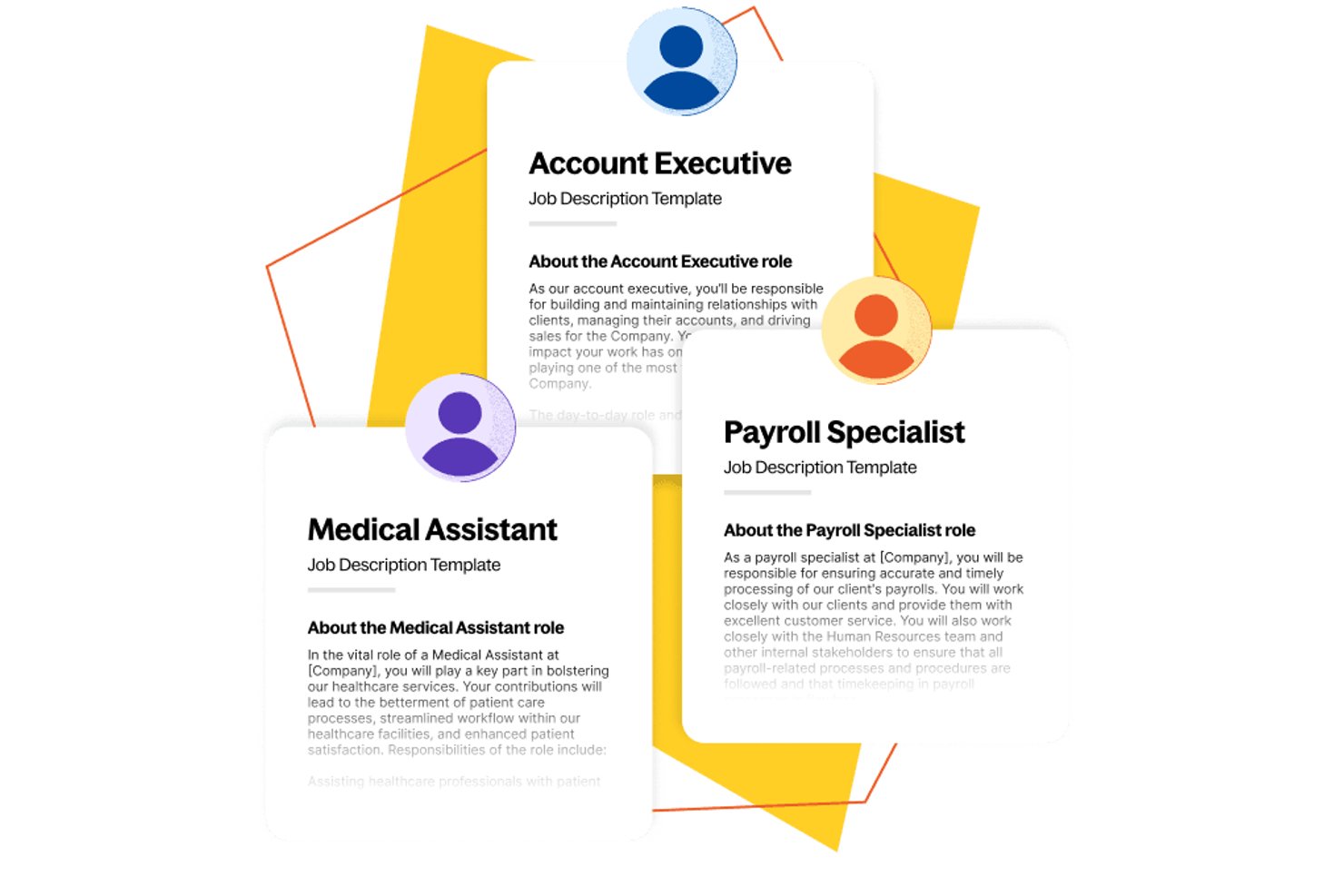 Tre överlappande mallar för jobbeskrivningar för rollerna kundansvarig, lönespecialist och medicinsk assistent.