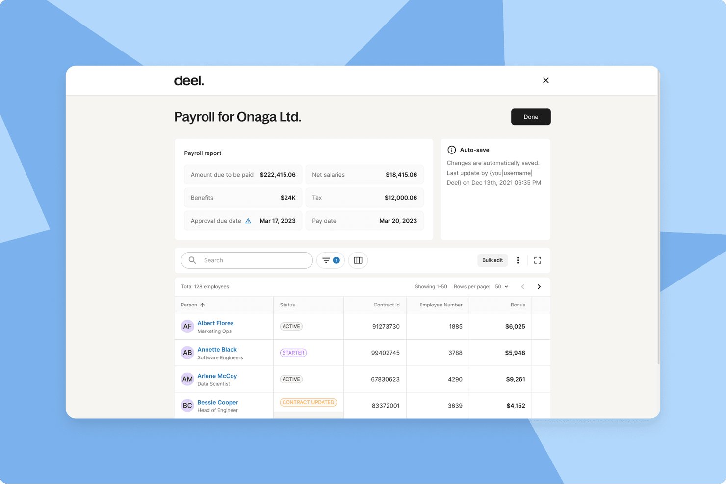 Deel payroll dashboard showing employee list, bonuses, and payroll report summary.