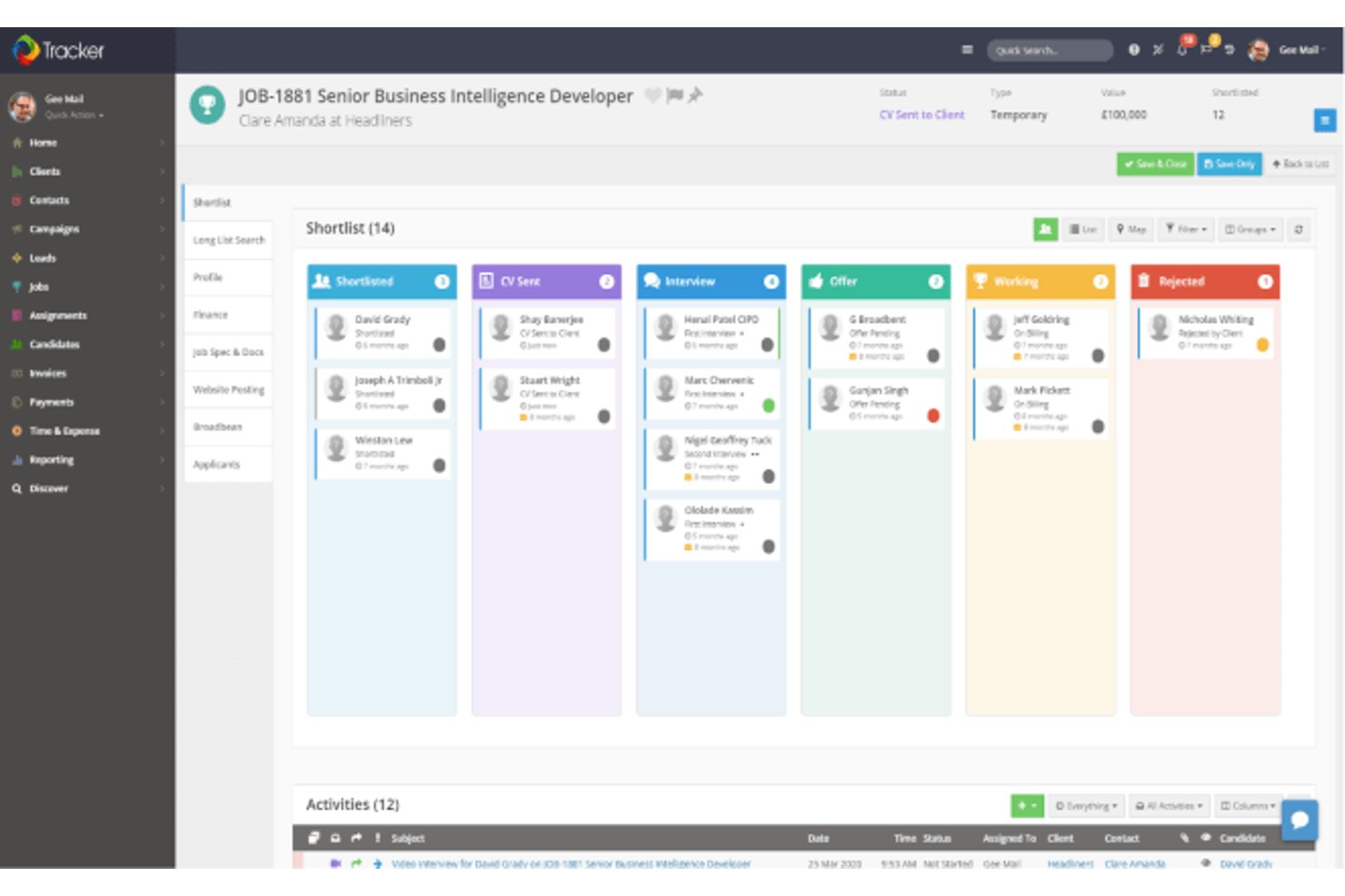Trackers kanban-tavla för rekrytering visar en pipeline med en kortlista över kandidater och flera rekryteringsstadier.
