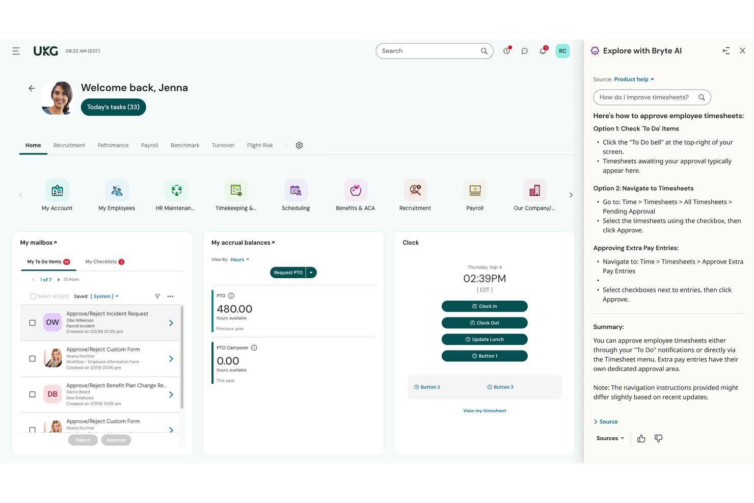 UKG Ready-managerdashboard met Bryte AI-paneel waarin de stappen voor het goedkeuren van een urenstaat worden getoond.