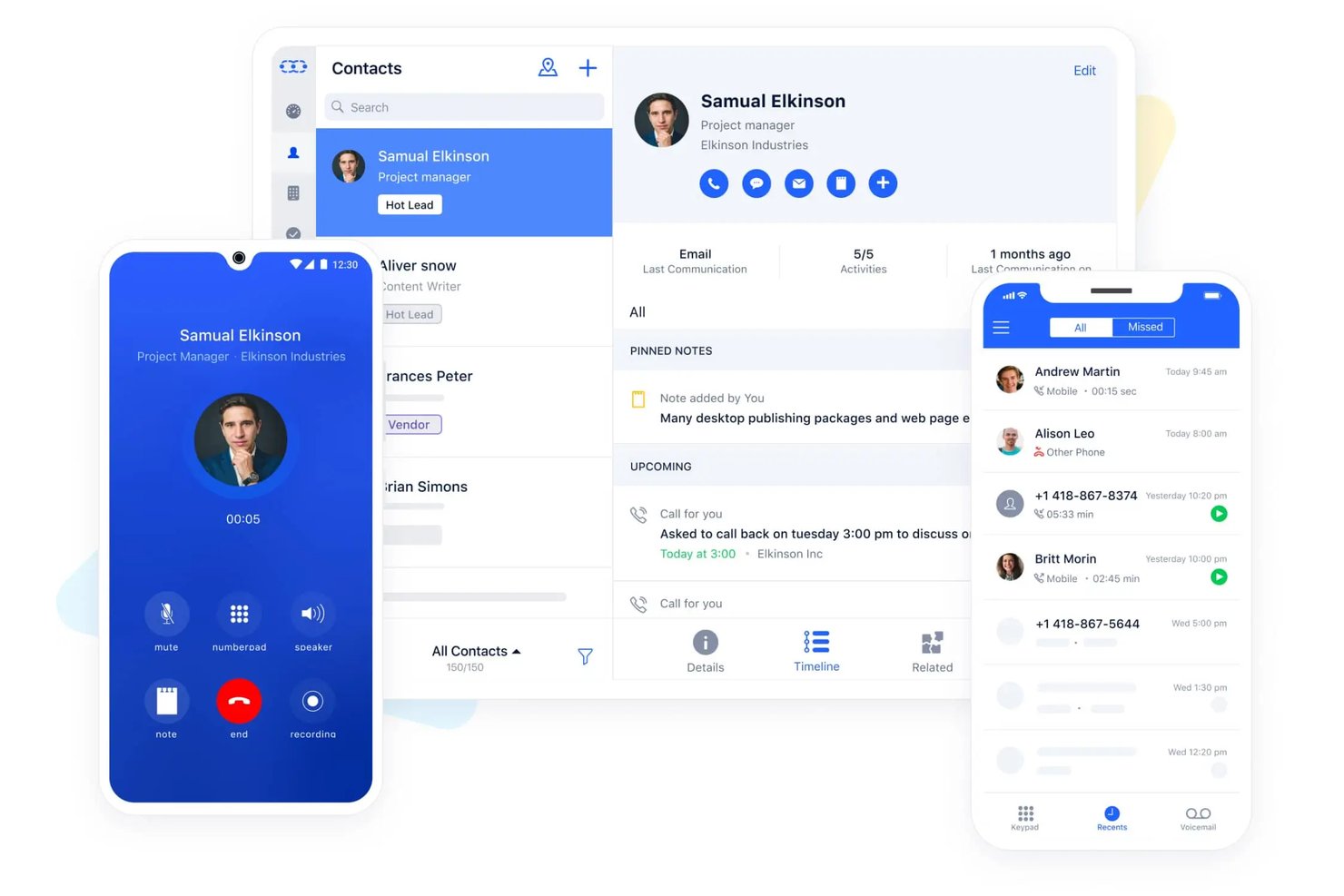 Salesmate CRM showing contact profile, call screen, and recent call log.