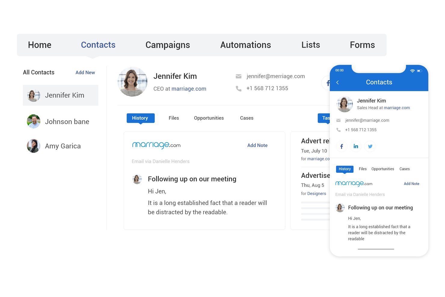 BIGContacts CRM showing contact profile with email history and mobile view.