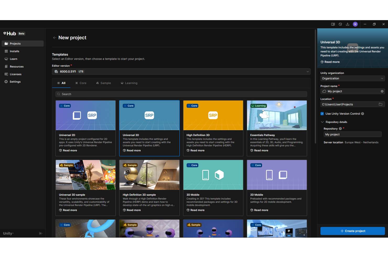 Nieuw-projectscherm van Unity Hub met het instellingenpaneel voor de Unity Version Control-repository geopend.