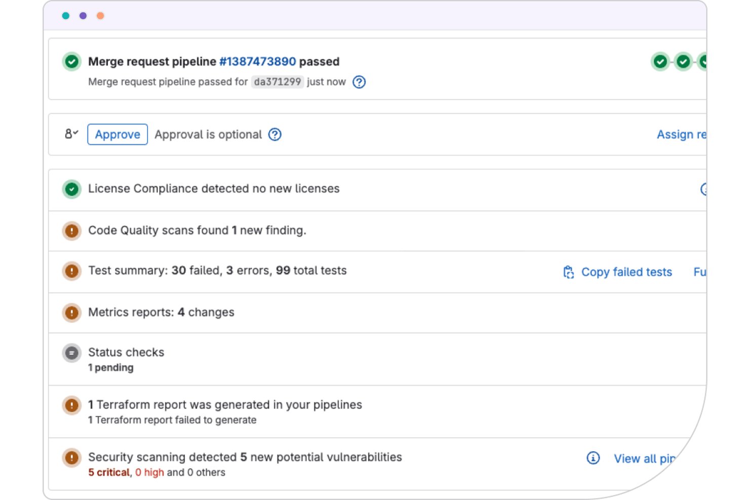 Pijplijn van een GitLab-samenvoegverzoek geslaagd, met weergegeven testfouten, kwetsbaarheden en compliancecontroles.