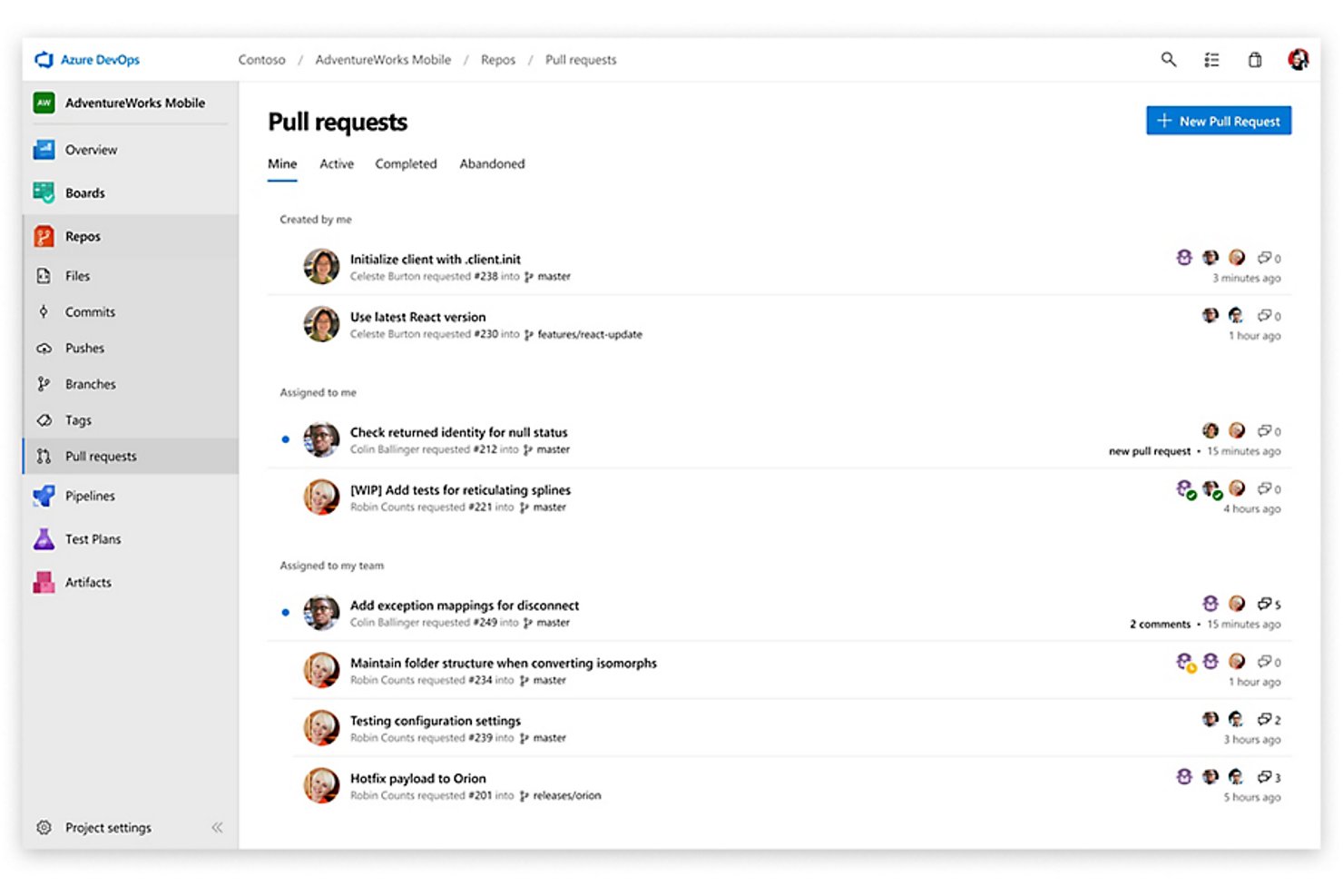 Instrumentpanel för pull requests i Azure Repos som visar aktiva, mina och teamtilldelade förfrågningar.