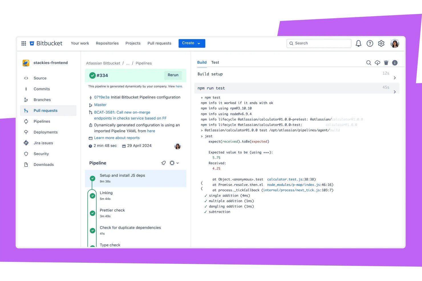 Buildlog van Bitbucket Pipelines met een mislukte Jest-test waarin verwachte en ontvangen waarden worden weergegeven.