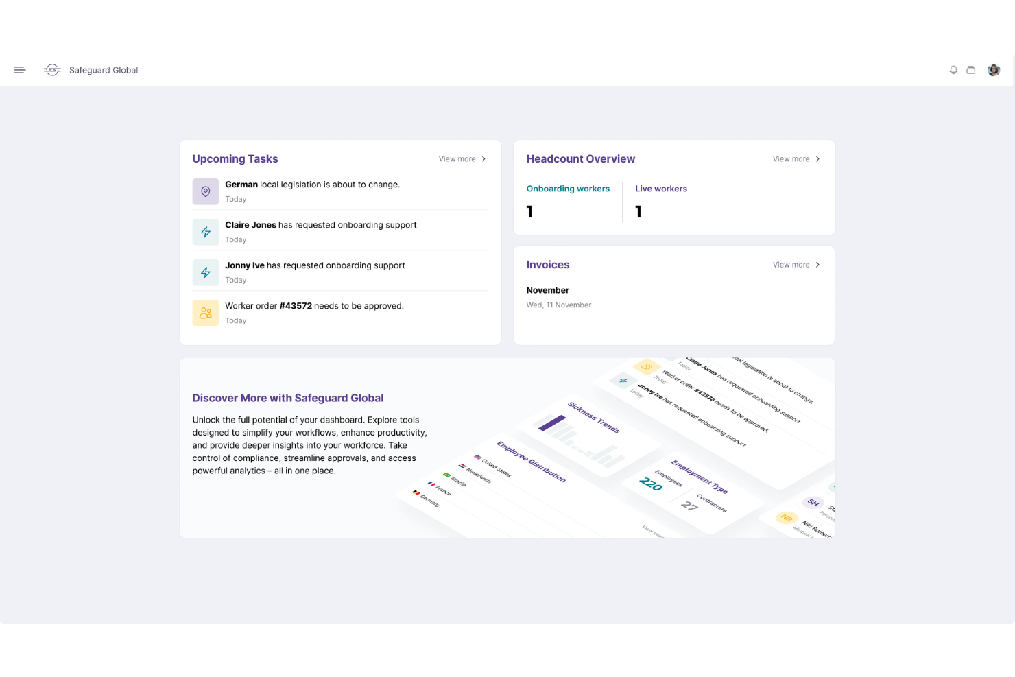 Dashboard di Safeguard Global che mostra le attività imminenti, una panoramica dell'organico e le fatture.