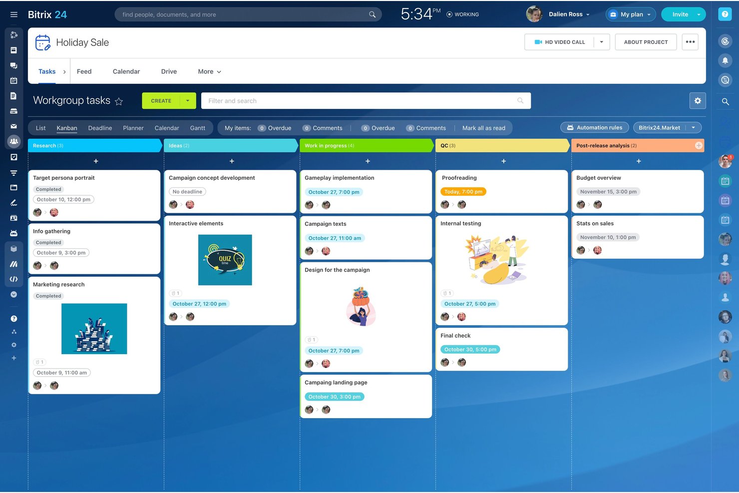 Bitrix24 Kanban board showing Holiday Sale project tasks in five swimlane columns.