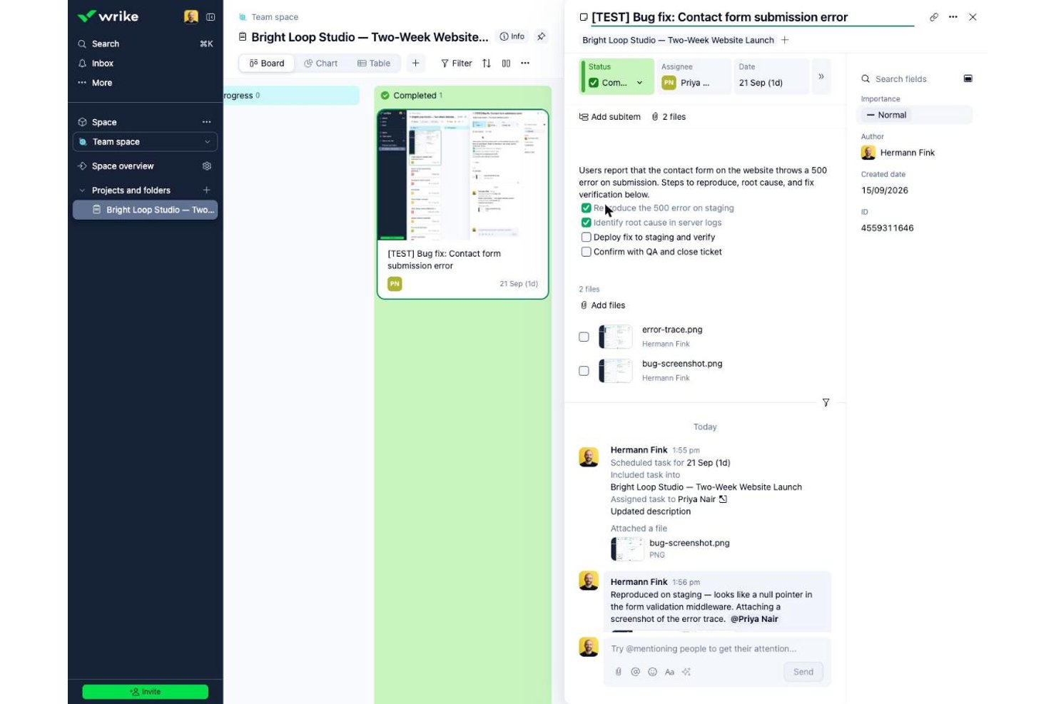 Wrike task panel showing a bug fix checklist, file attachments, and activity log.