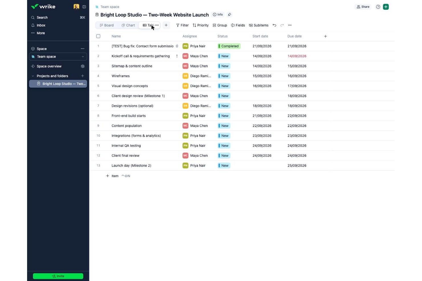 Wrike table view showing 13 project tasks with assignees, status, and dates.