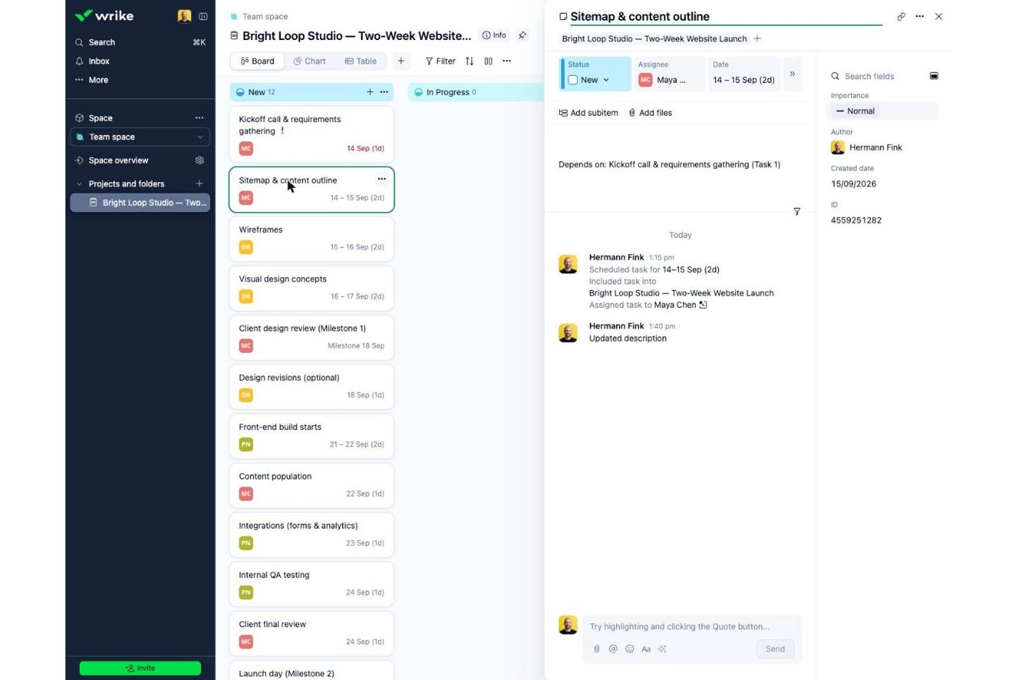 Wrike board view showing task dependency between sitemap and kickoff tasks.