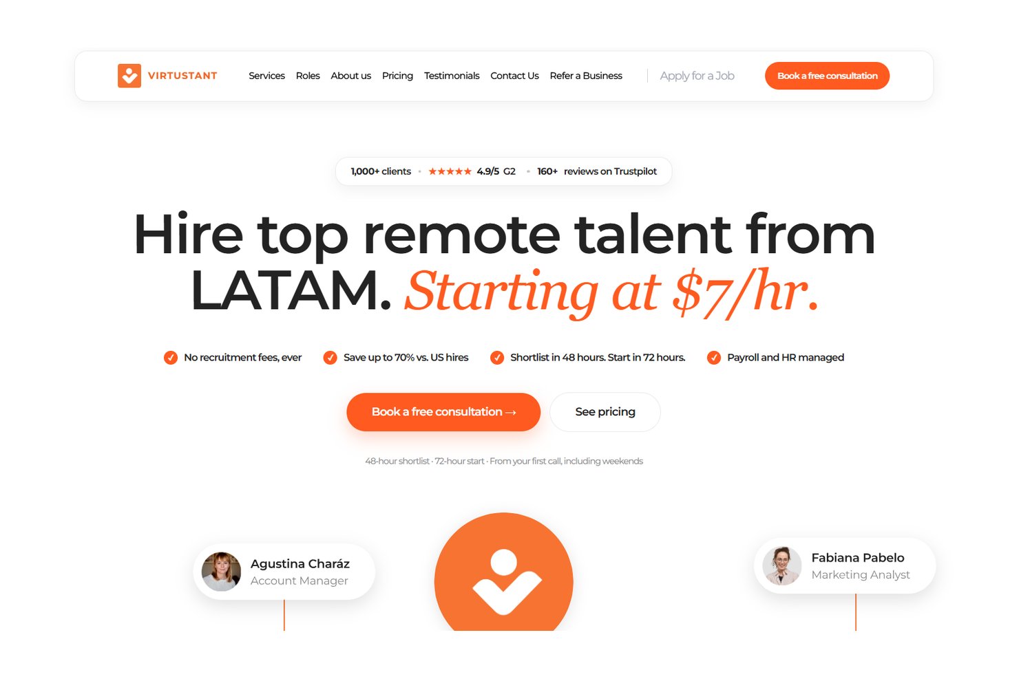 Virtustant homepage promoting remote LATAM talent hiring starting at $7 per hour.