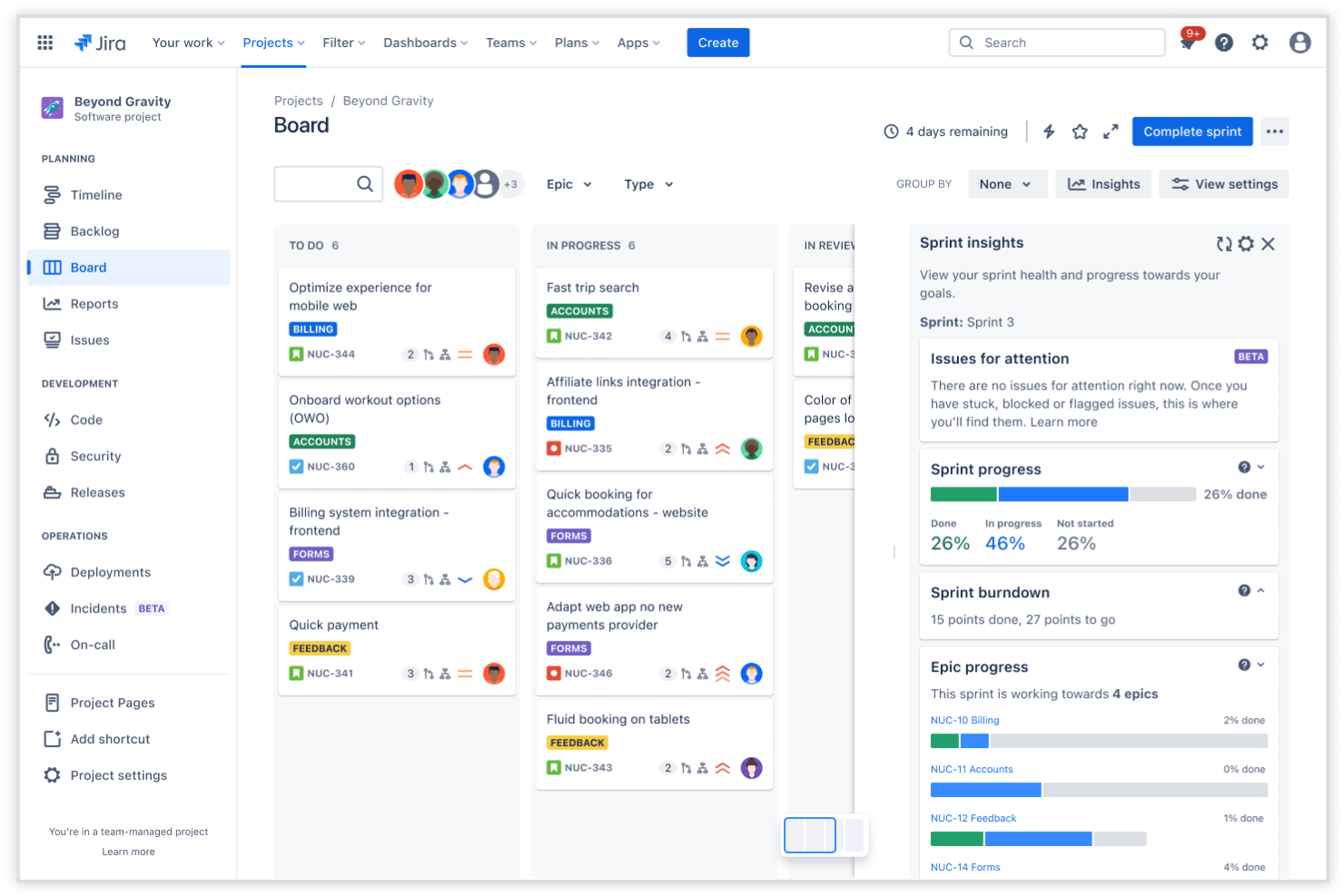 Tablero ágil de Jira que muestra las tareas del sprint en las columnas Por hacer, En curso y En revisión, con un panel de información del sprint.