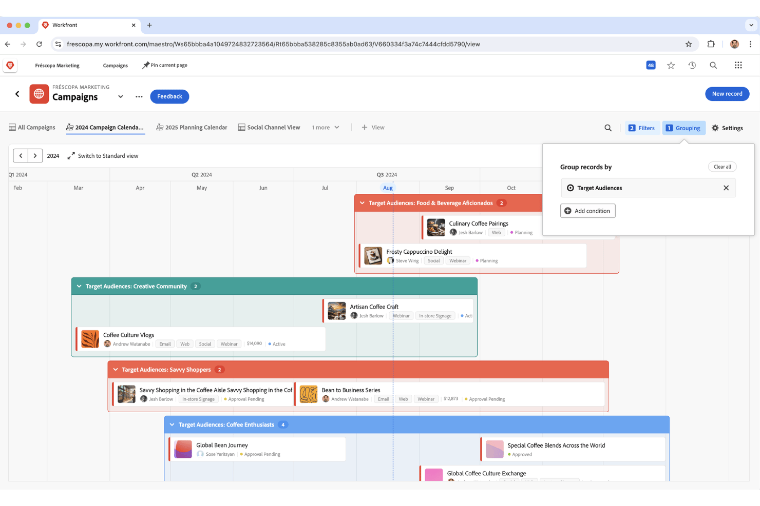 Calendario de campañas de Workfront agrupado por públicos objetivo con vista de línea de tiempo.