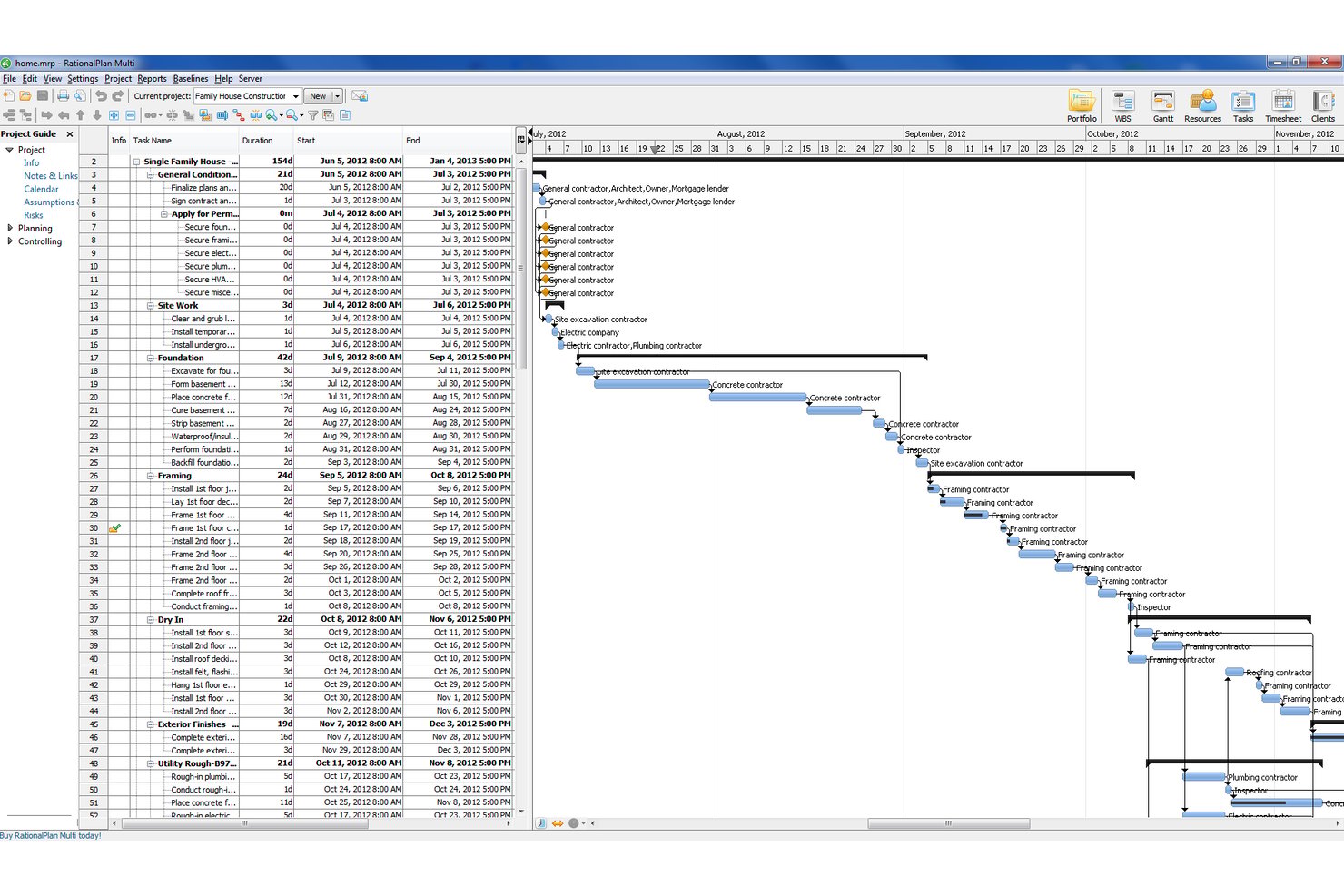 RationalPlans programvara för projektledning av flera projekt visar ett Gantt-diagram med uppgiftslista och resurstilldelningar.