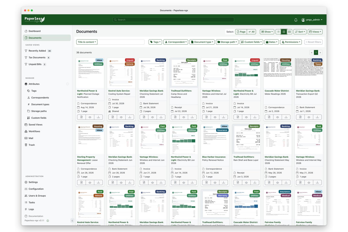 Paperless-ngx document library showing 36 documents in a card grid view with tags.